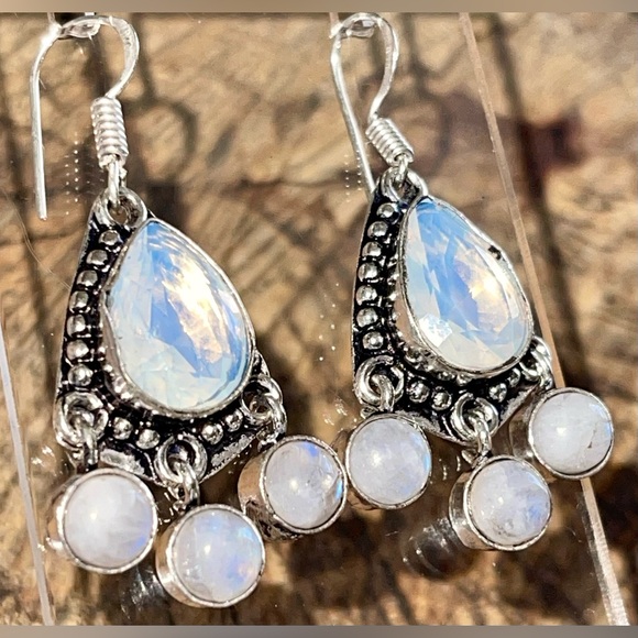 Rainbow Moonstone & Synthetic Opalite Earrings 1 1/2” - Picture 4 of 12